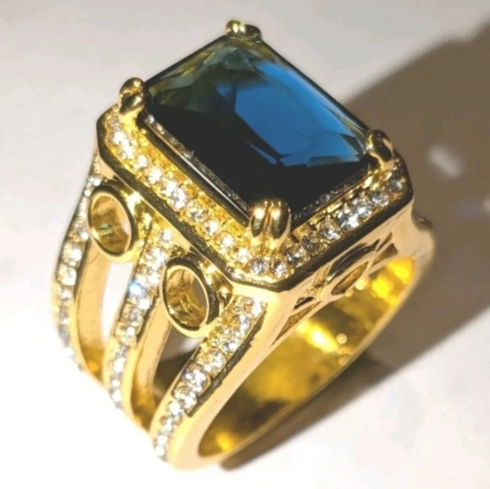 8ct Emerald Lab Created Blue Sapphire Mens Wedding Ring 14k Yellow Gold Plated11